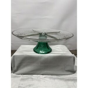 Vintage Divided Glass Relish Tray Pedestal Stand Green Base 13" Mid Century‎